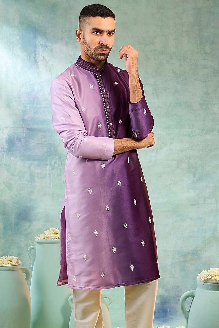 Purple Silk Boota Work Ombre Kurta Set by RIYAASAT at Pernia's Pop Up Shop