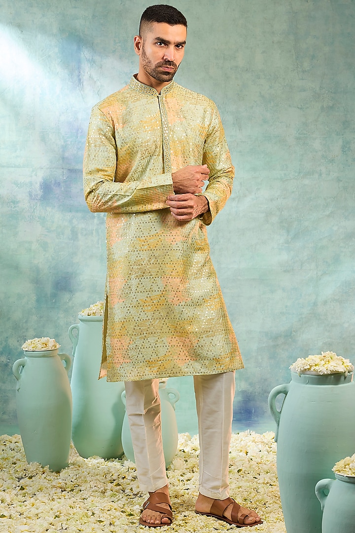 Pista Green Silk Thread Work Kurta Set by RIYAASAT