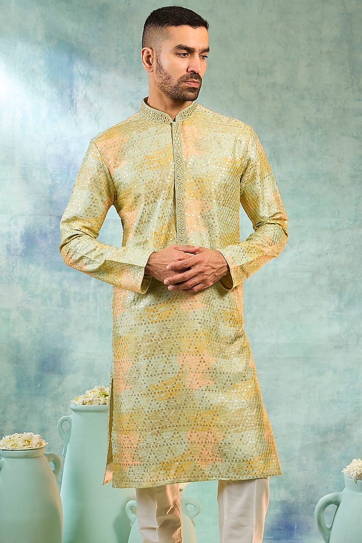 Pista Green Silk Thread Work Kurta Set by RIYAASAT at Pernia's Pop Up Shop