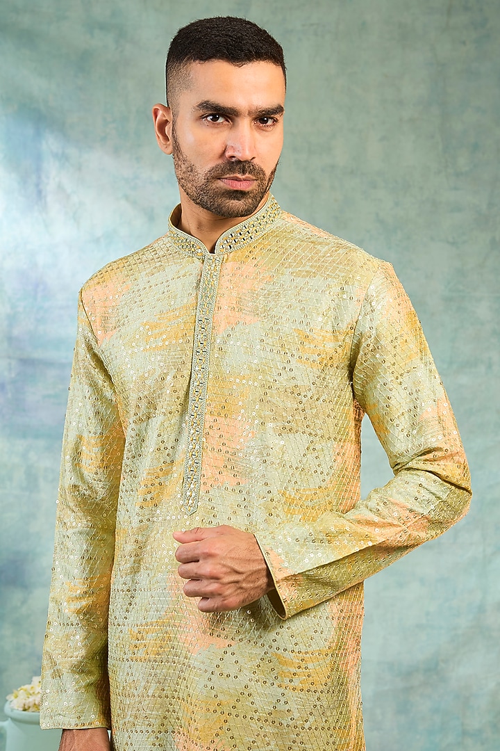 Pista Green Silk Thread Work Kurta Set by RIYAASAT at Pernia's Pop Up Shop