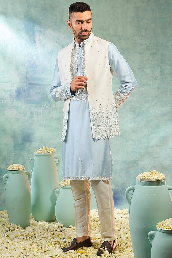 Baby Blue Silk Thread Embroidered Koti Set by RIYAASAT at Pernia's Pop Up Shop