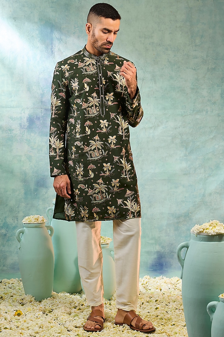 Forest Green Silk Embroidered Kurta Set by RIYAASAT