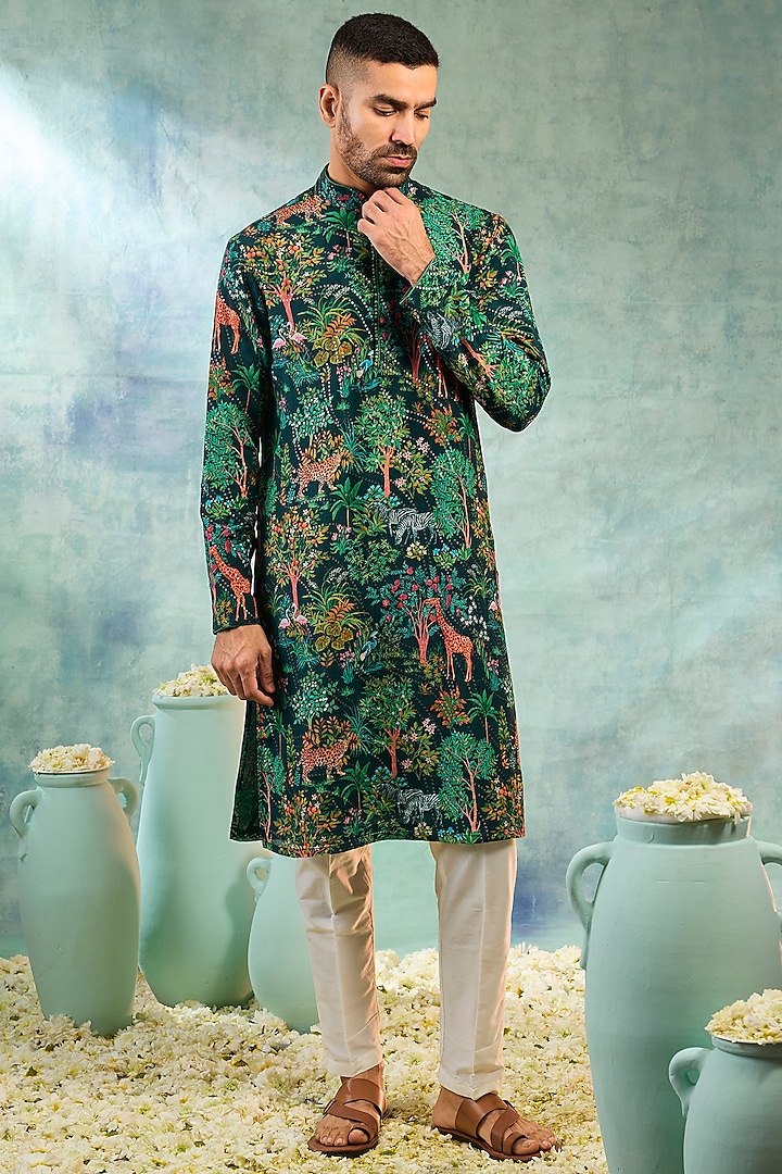 Deep Green Silk Printed Kurta Set by RIYAASAT