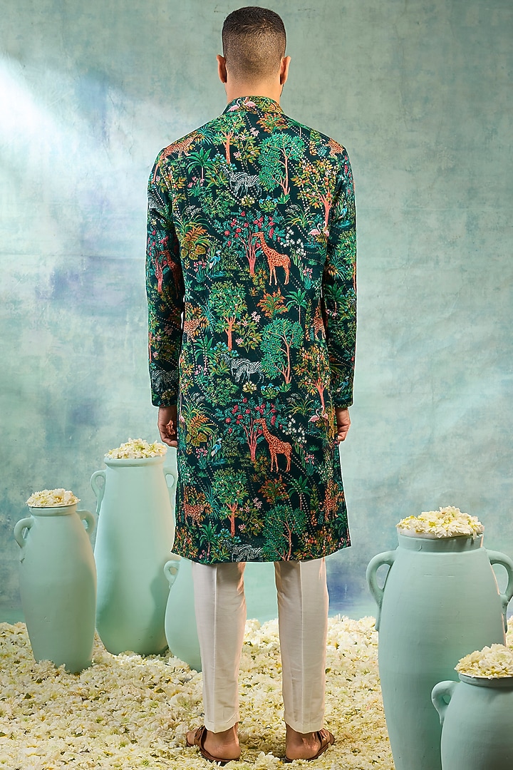 Deep Green Silk Printed Kurta Set by RIYAASAT at Pernia's Pop Up Shop