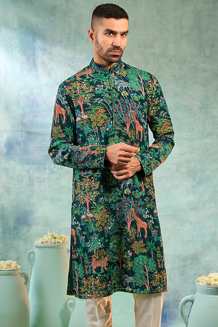 Deep Green Silk Printed Kurta Set by RIYAASAT at Pernia's Pop Up Shop