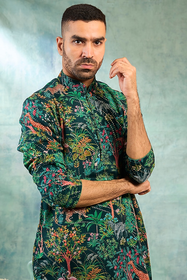 Deep Green Silk Printed Kurta Set by RIYAASAT at Pernia's Pop Up Shop