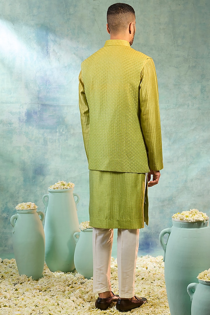 Light Olive Green Silk Mirror Work Koti Set by RIYAASAT at Pernia's Pop Up Shop