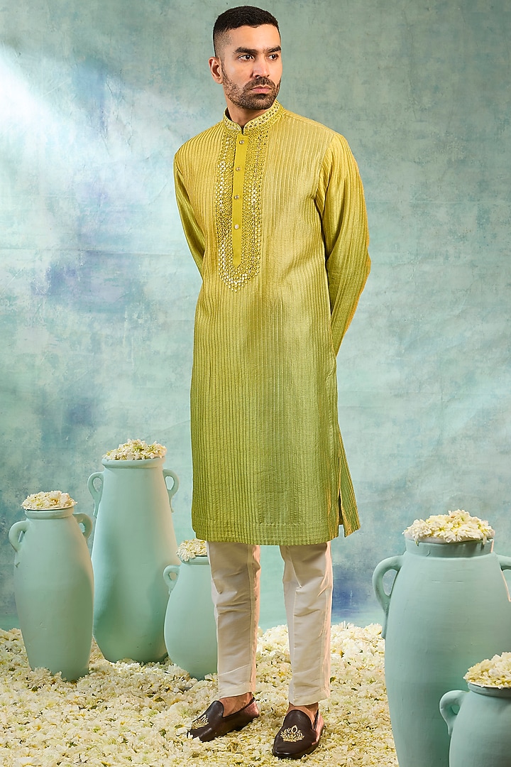 Light Olive Green Silk Mirror Work Koti Set by RIYAASAT at Pernia's Pop Up Shop