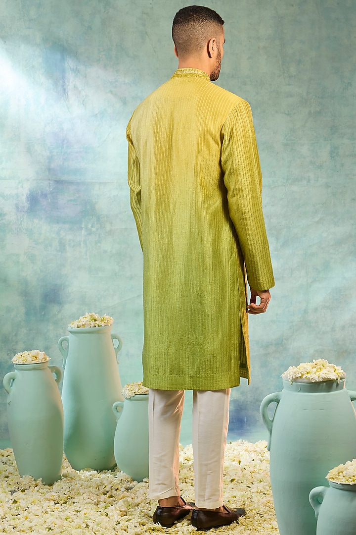 Light Olive Green Silk Mirror Work Koti Set by RIYAASAT at Pernia's Pop Up Shop