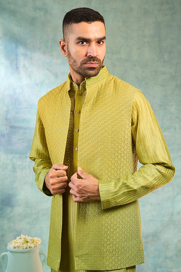 Light Olive Green Silk Mirror Work Koti Set by RIYAASAT at Pernia's Pop Up Shop