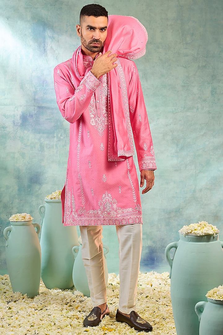 Baby Pink Silk Mirror Work Kurta Set by RIYAASAT