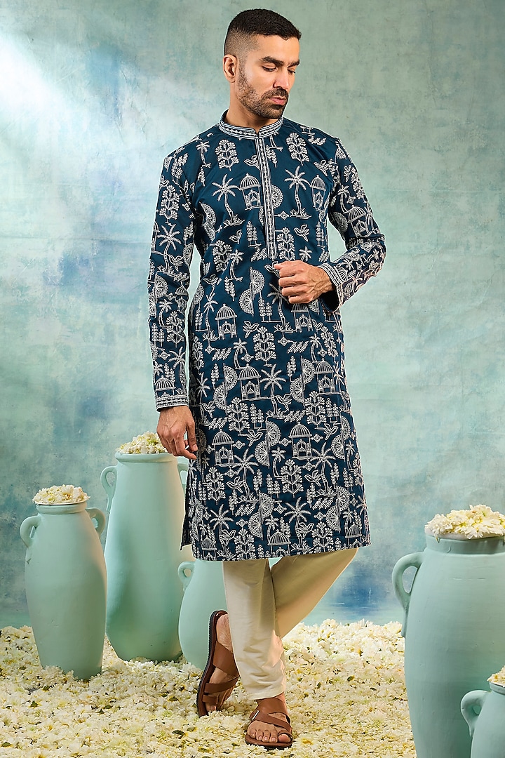 Dark Blue Silk Thread Work Kurta Set by RIYAASAT