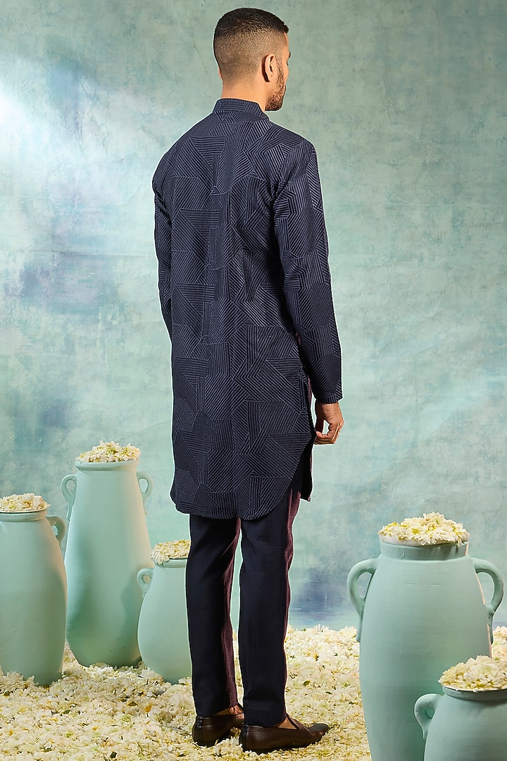 Dark Blue Silk Thread Work Kurta Set by RIYAASAT at Pernia's Pop Up Shop