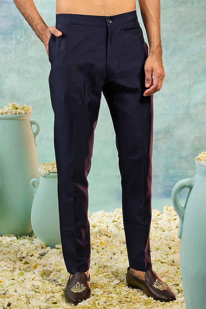 Dark Blue Silk Thread Work Kurta Set by RIYAASAT at Pernia's Pop Up Shop