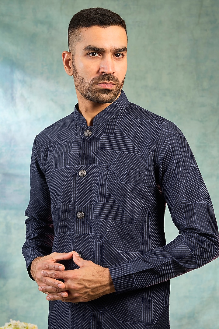 Dark Blue Silk Thread Work Kurta Set by RIYAASAT at Pernia's Pop Up Shop
