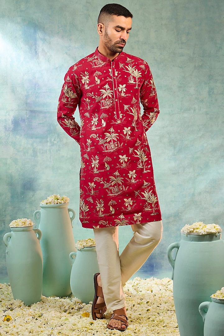 Bright Red Silk Thread Embroidered Kurta Set by RIYAASAT