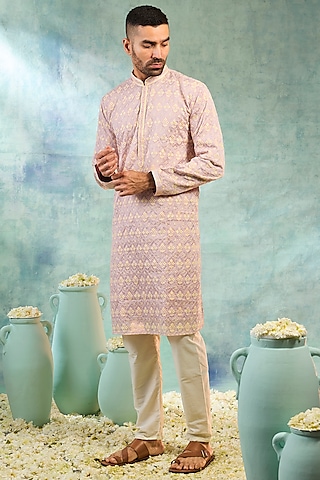 Peach Silk Thread Work Lucknowi Kurta Set by RIYAASAT