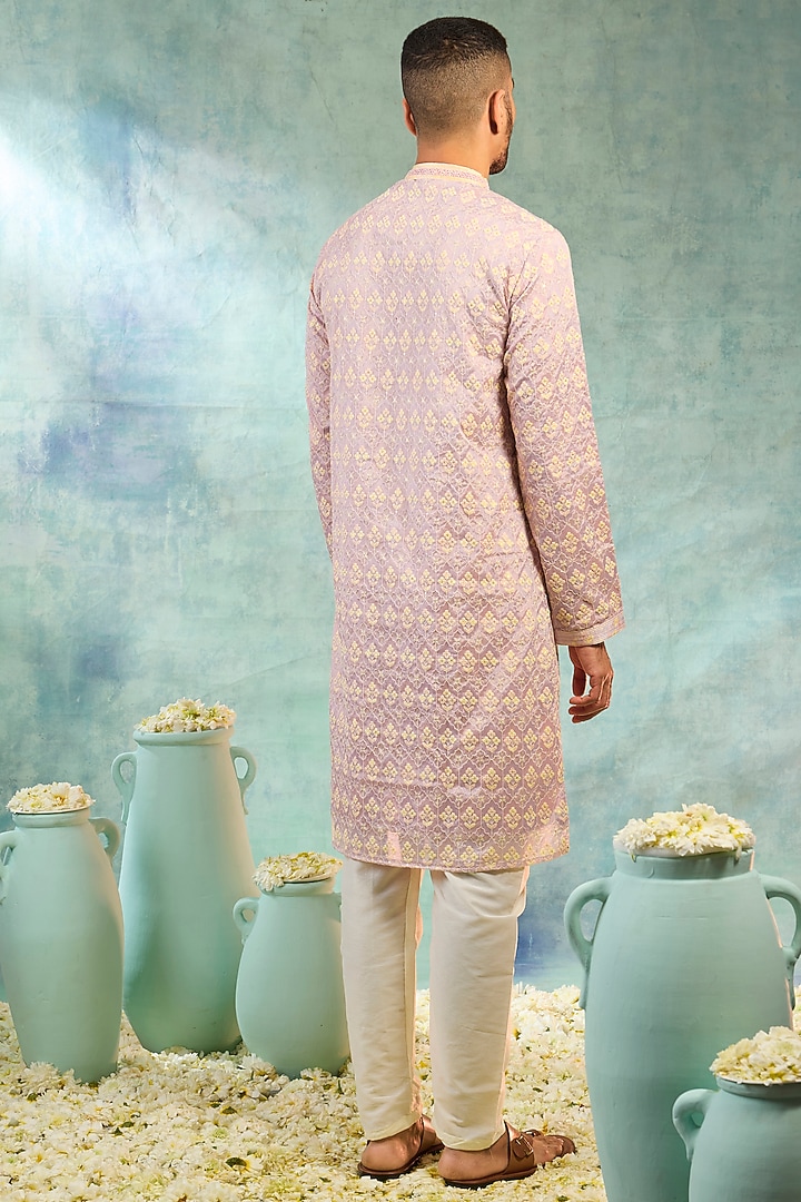 Peach Silk Thread Work Lucknowi Kurta Set by RIYAASAT at Pernia's Pop Up Shop