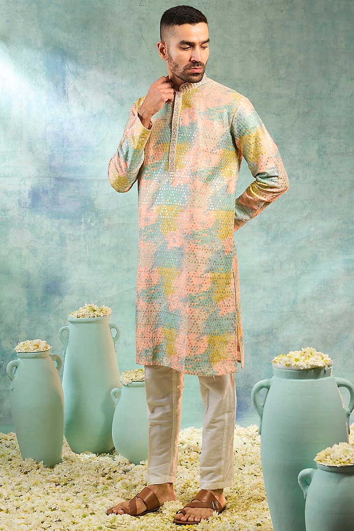 Sea Blue Silk Threadwork Kurta Set by RIYAASAT