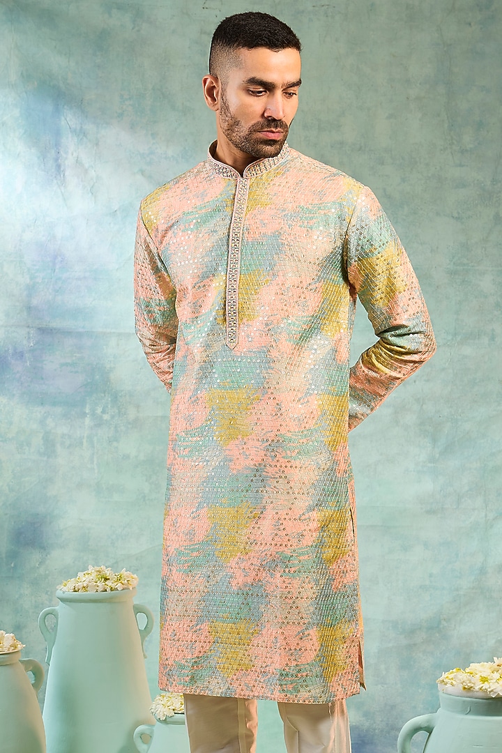 Sea Blue Silk Threadwork Kurta Set by RIYAASAT at Pernia's Pop Up Shop