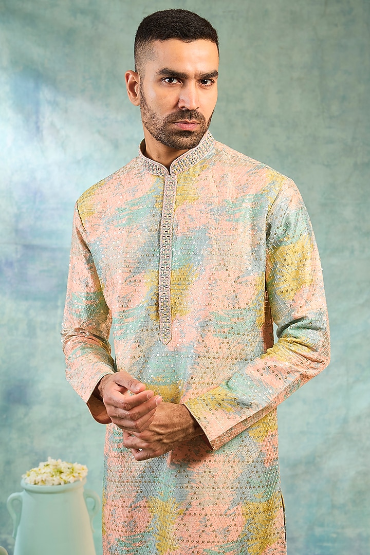Sea Blue Silk Threadwork Kurta Set by RIYAASAT at Pernia's Pop Up Shop