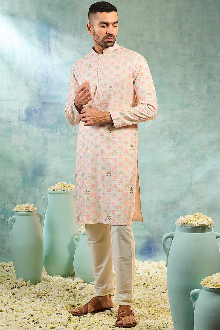 Ivory Silk Threadwork Kurta Set by RIYAASAT