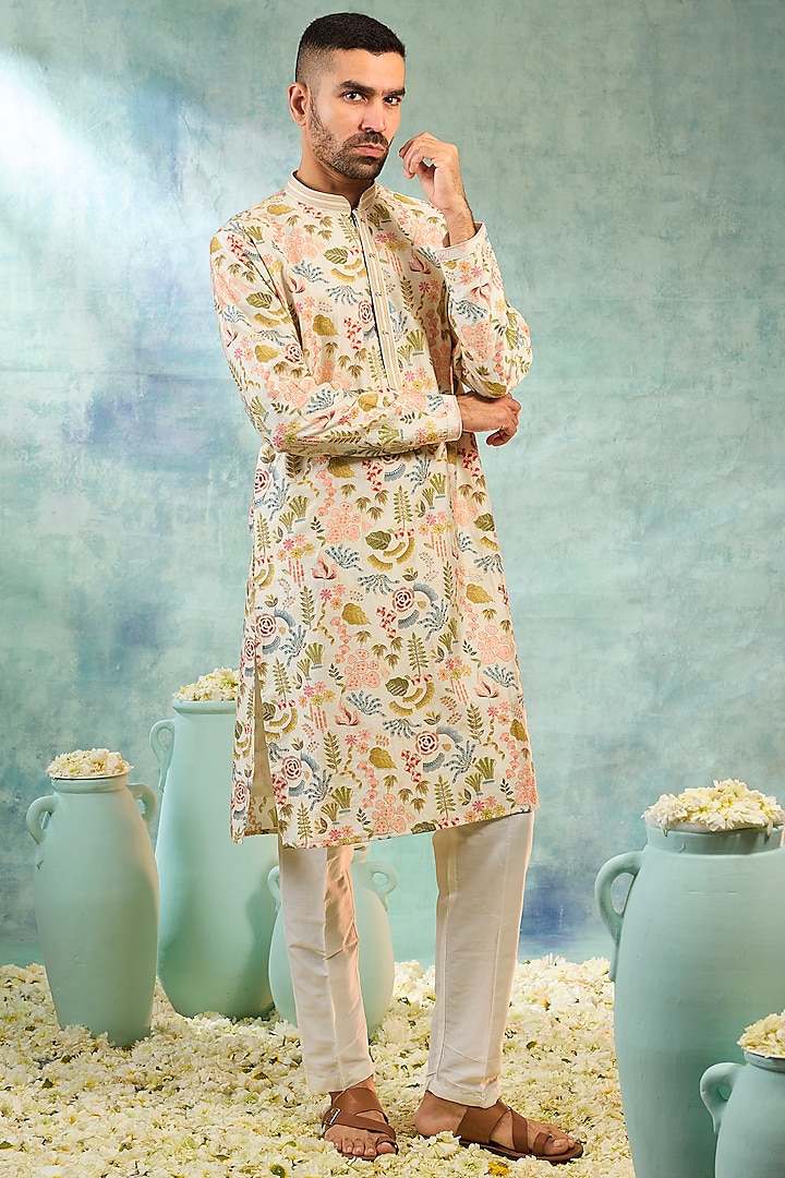 Ivory Silk Threadwork Kurta Set by RIYAASAT