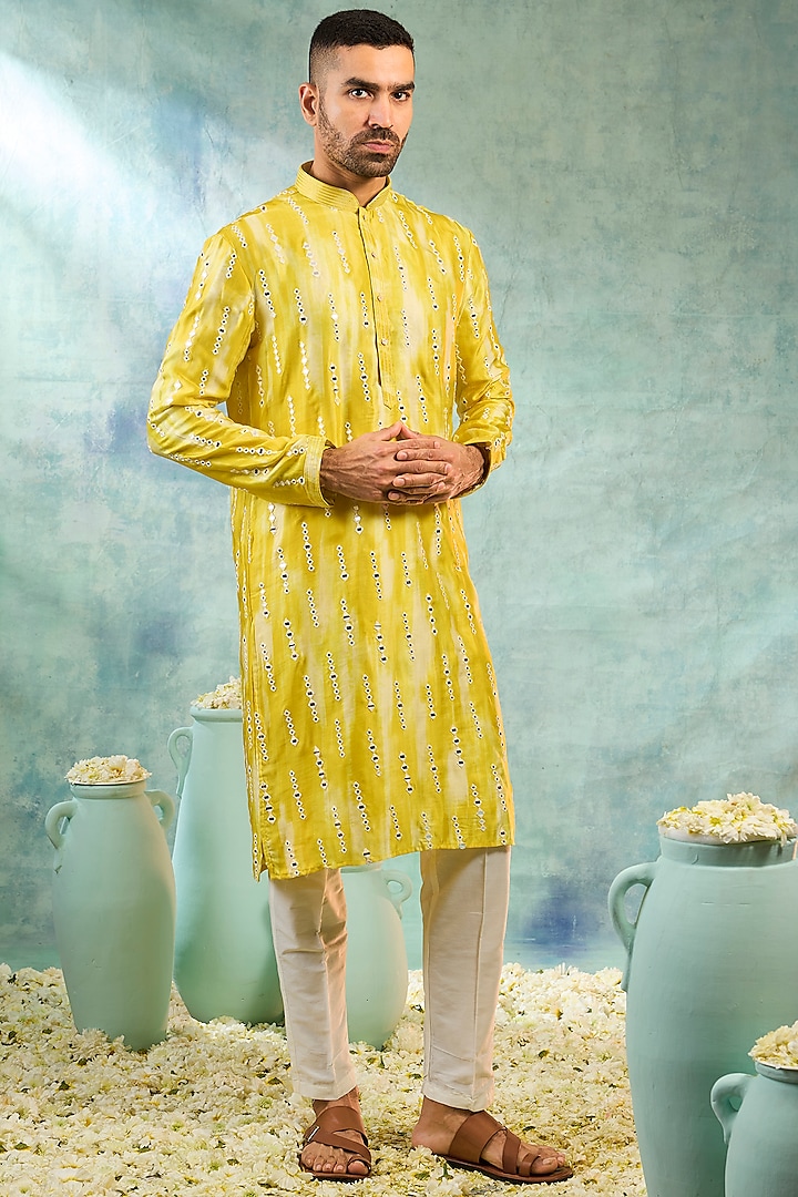 Mustard Yellow Silk Threadwork Kurta Set by RIYAASAT