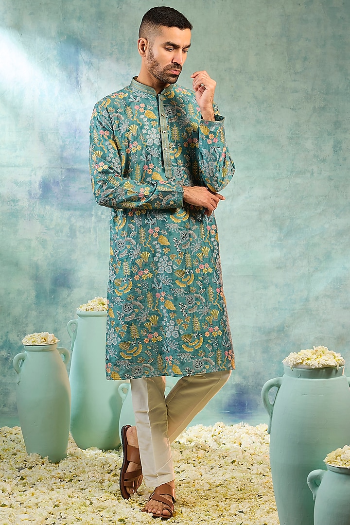 Teal Silk Threadwork Kurta Set by RIYAASAT