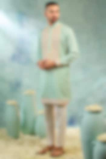 Light Mint Silk Threadwork Kurta Set by RIYAASAT