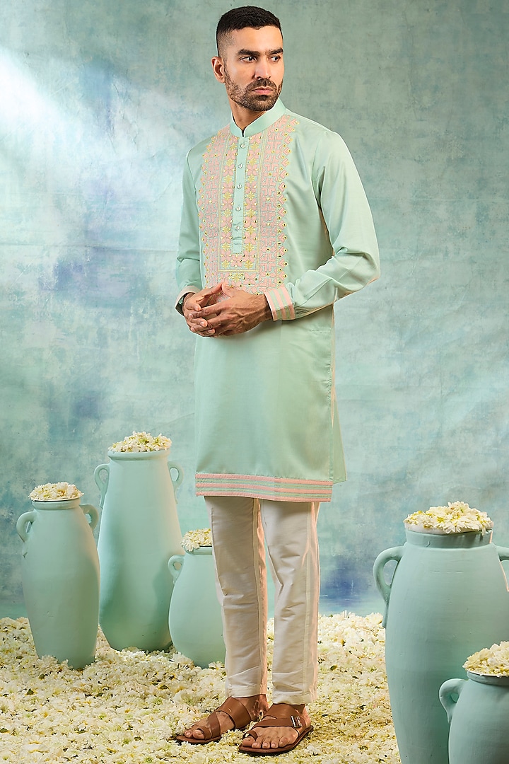 Light Mint Silk Threadwork Kurta Set by RIYAASAT