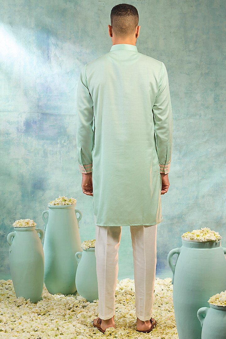 Light Mint Silk Threadwork Kurta Set by RIYAASAT at Pernia's Pop Up Shop