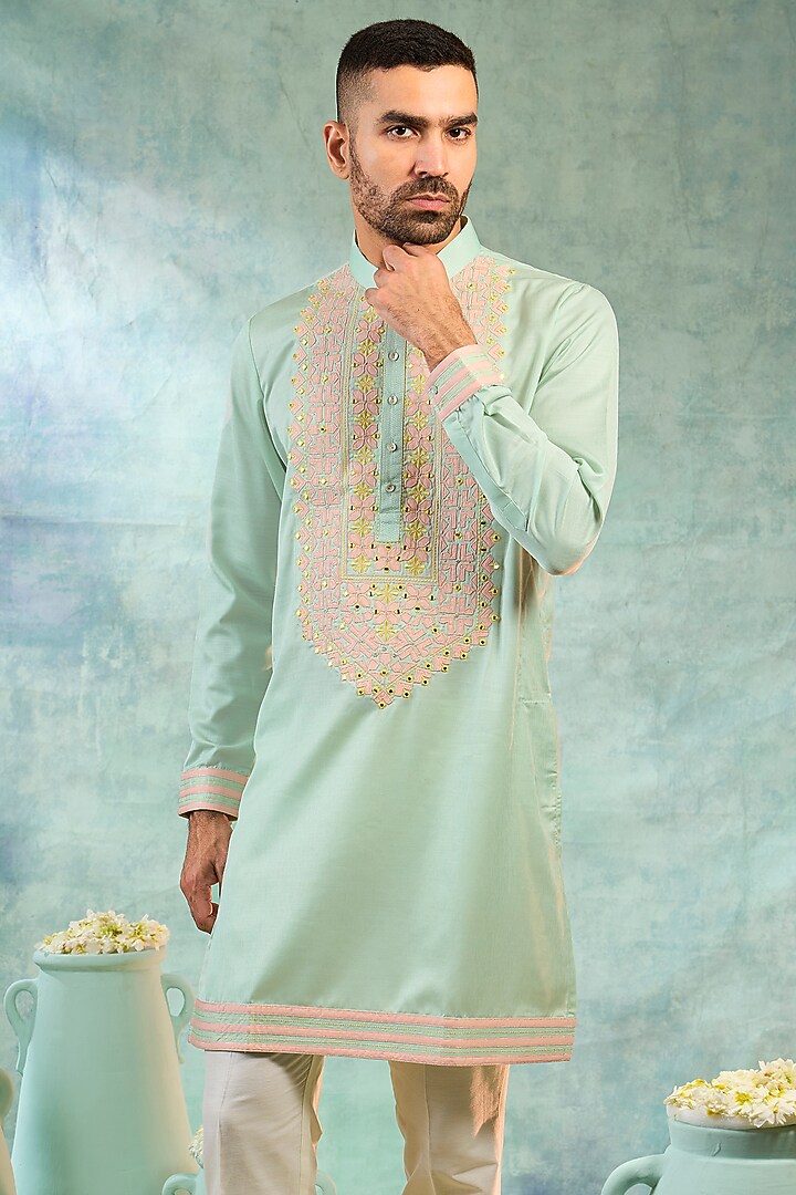 Light Mint Silk Threadwork Kurta Set by RIYAASAT at Pernia's Pop Up Shop