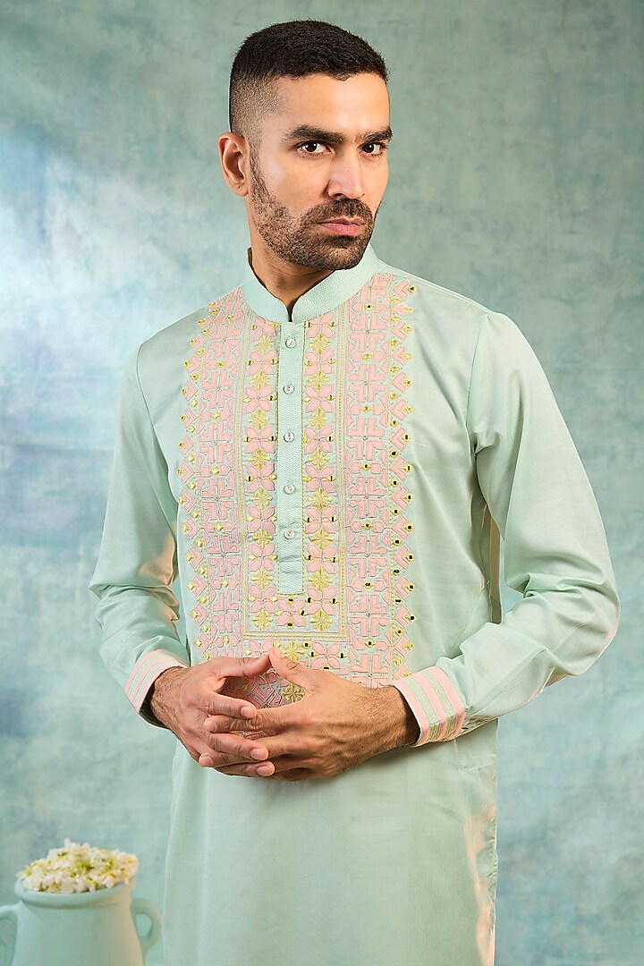 Light Mint Silk Threadwork Kurta Set by RIYAASAT at Pernia's Pop Up Shop
