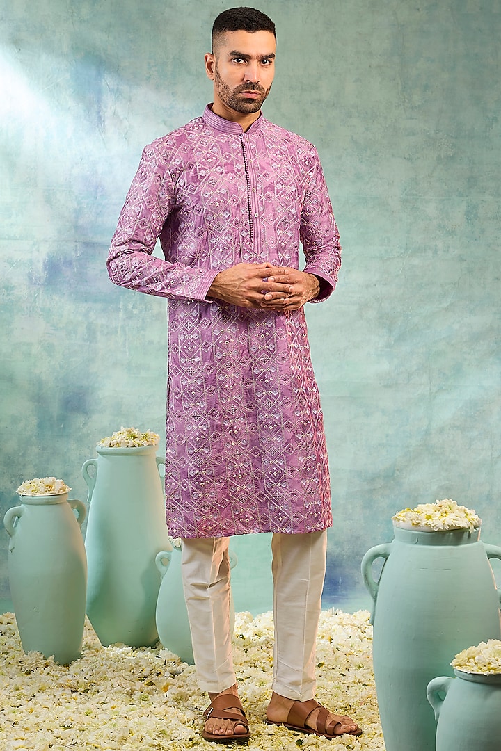 Deep Pink Silk Threadwork Kurta Set by RIYAASAT