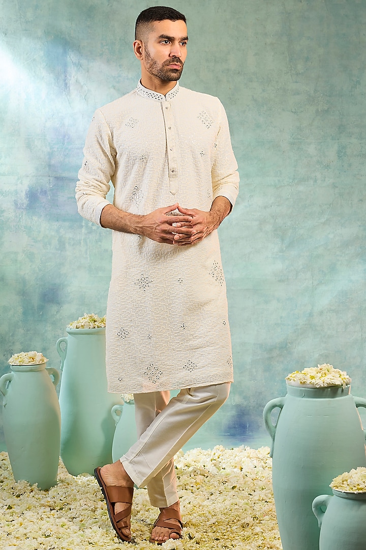 Cream Silk Embroidered Kurta Set by RIYAASAT