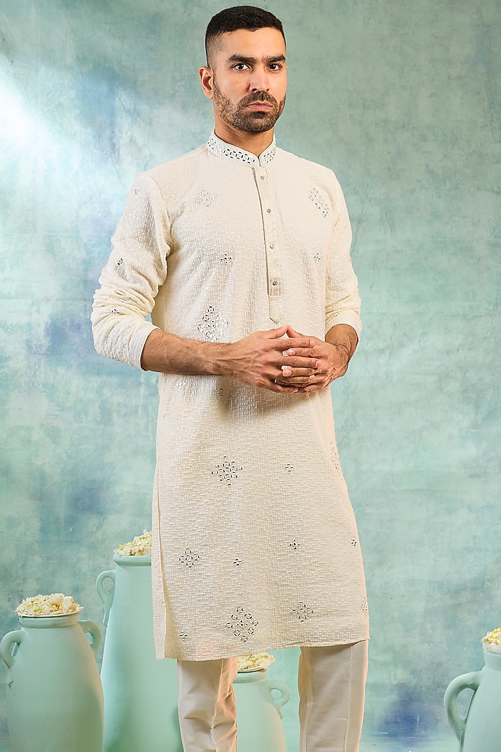 Cream Silk Embroidered Kurta Set by RIYAASAT at Pernia's Pop Up Shop