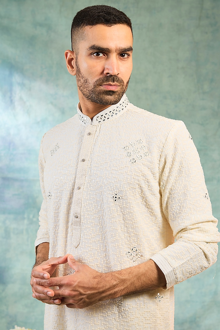 Cream Silk Embroidered Kurta Set by RIYAASAT at Pernia's Pop Up Shop