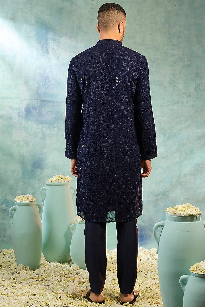 Navy Blue Silk Sequin Embellished Kurta Set by RIYAASAT at Pernia's Pop Up Shop