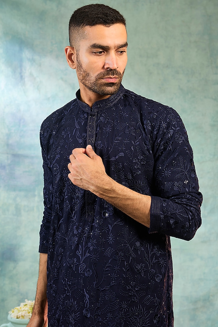 Navy Blue Silk Sequin Embellished Kurta Set by RIYAASAT at Pernia's Pop Up Shop
