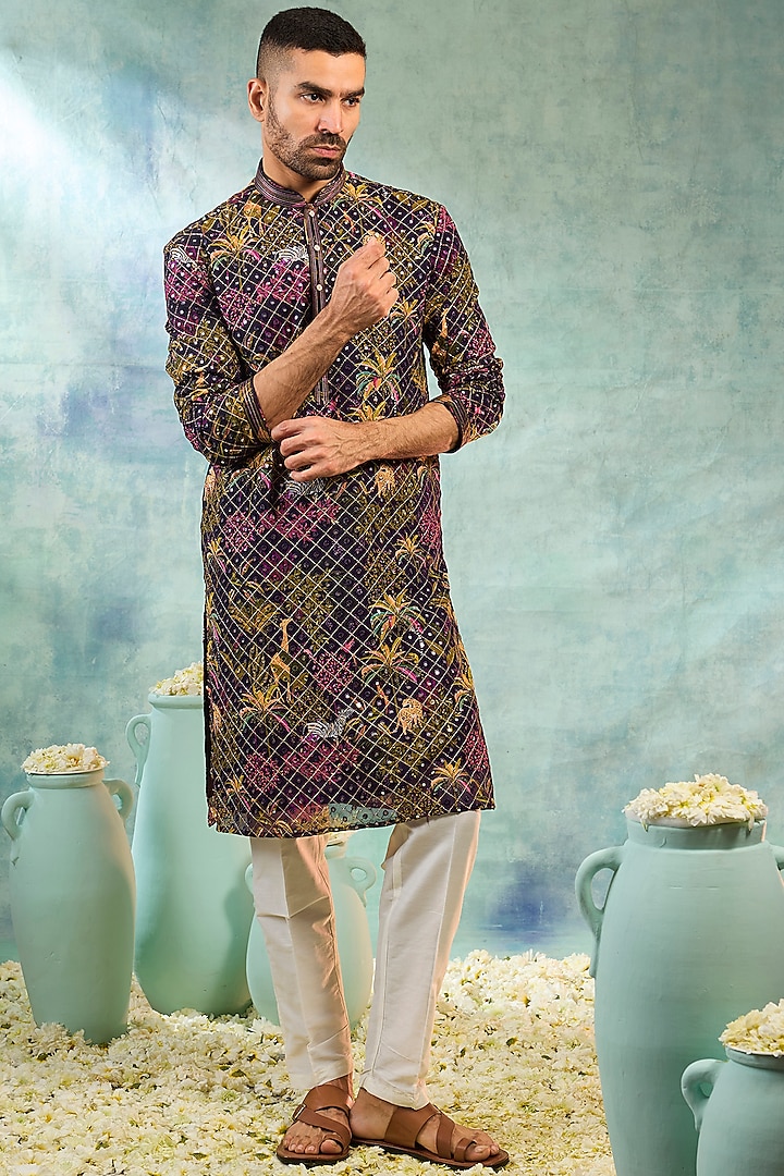 Wine Silk Thread Embroidered Kurta Set by RIYAASAT