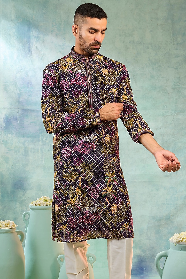 Wine Silk Thread Embroidered Kurta Set by RIYAASAT at Pernia's Pop Up Shop