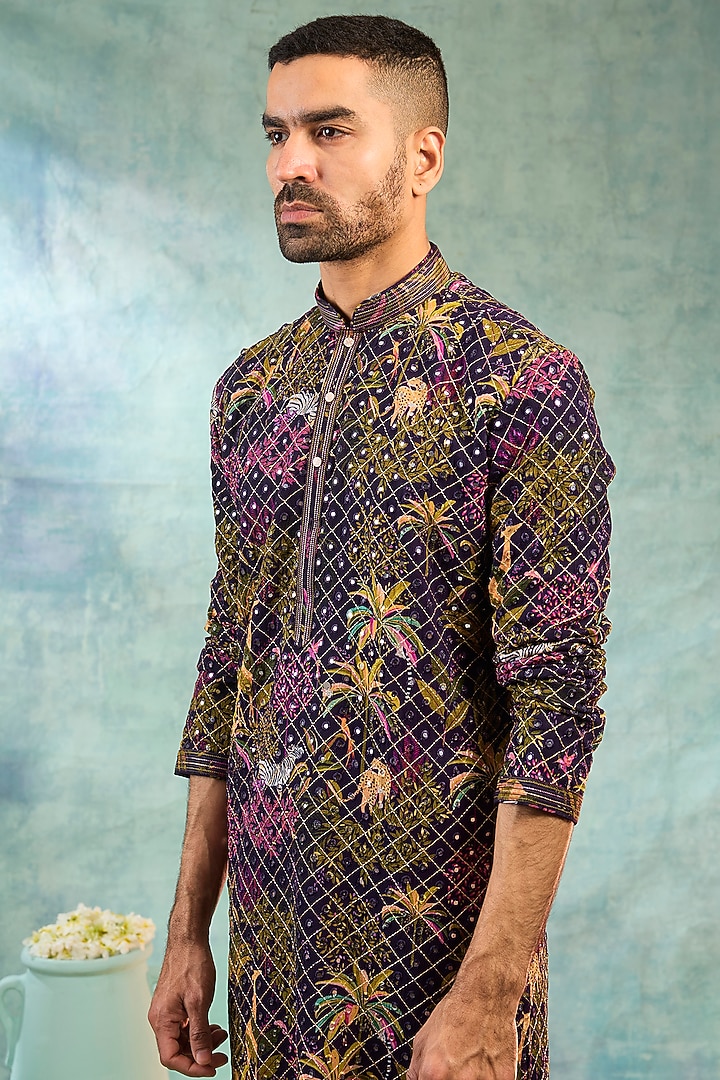 Wine Silk Thread Embroidered Kurta Set by RIYAASAT at Pernia's Pop Up Shop