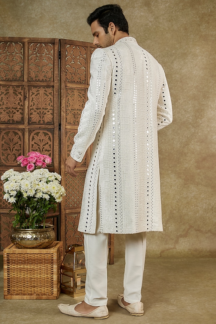 Cream Lucknowi Velvet Mirror Work Wedding Sherwani Set by RIYAASAT at Pernia's Pop Up Shop
