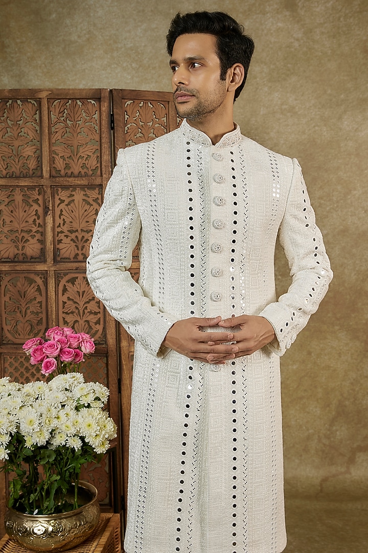 Cream Lucknowi Velvet Mirror Work Wedding Sherwani Set by RIYAASAT at Pernia's Pop Up Shop