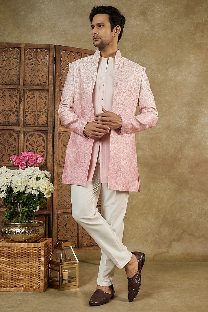 Rose Ombre Sharting Silk Dori Work Indowestern Set by RIYAASAT at Pernia's Pop Up Shop