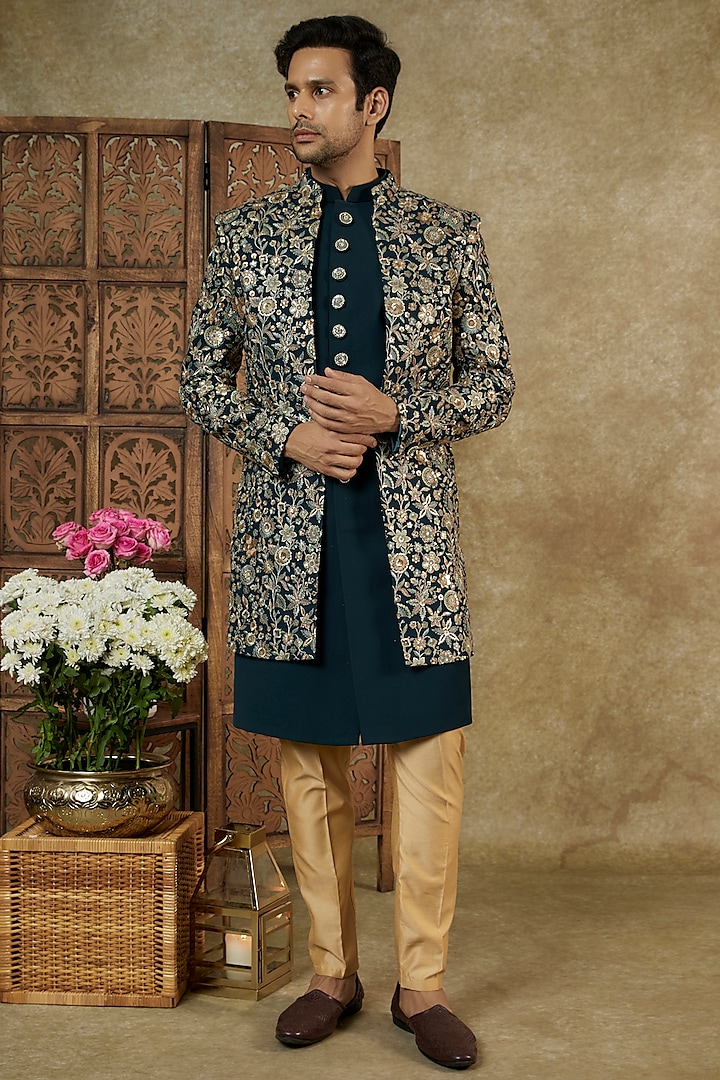 Yale Blue Georgette Sequins Work Wedding Indowestern Set by RIYAASAT at Pernia's Pop Up Shop