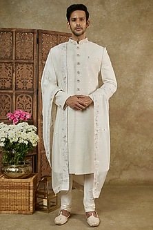 CREAM WHITE MIRROR EMBELLISHED LUCKNOWI VELVET NAWABI SHERWANI SET main image 1