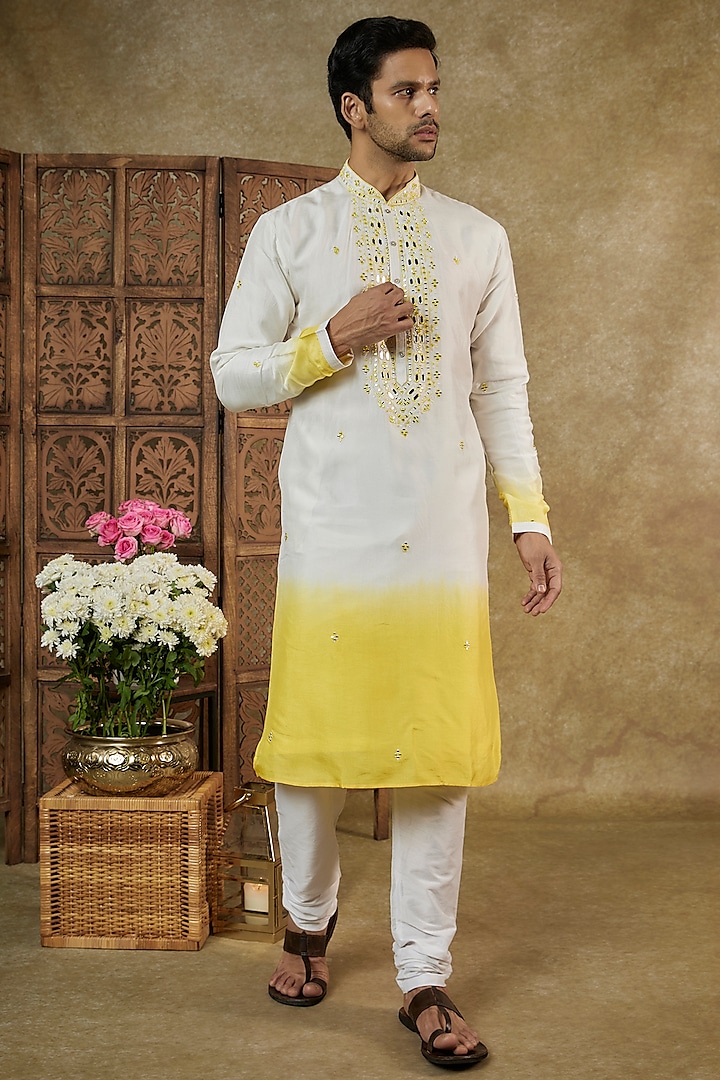 Lime & White Ombre Silk Resham Embroidered Kurta Set by RIYAASAT