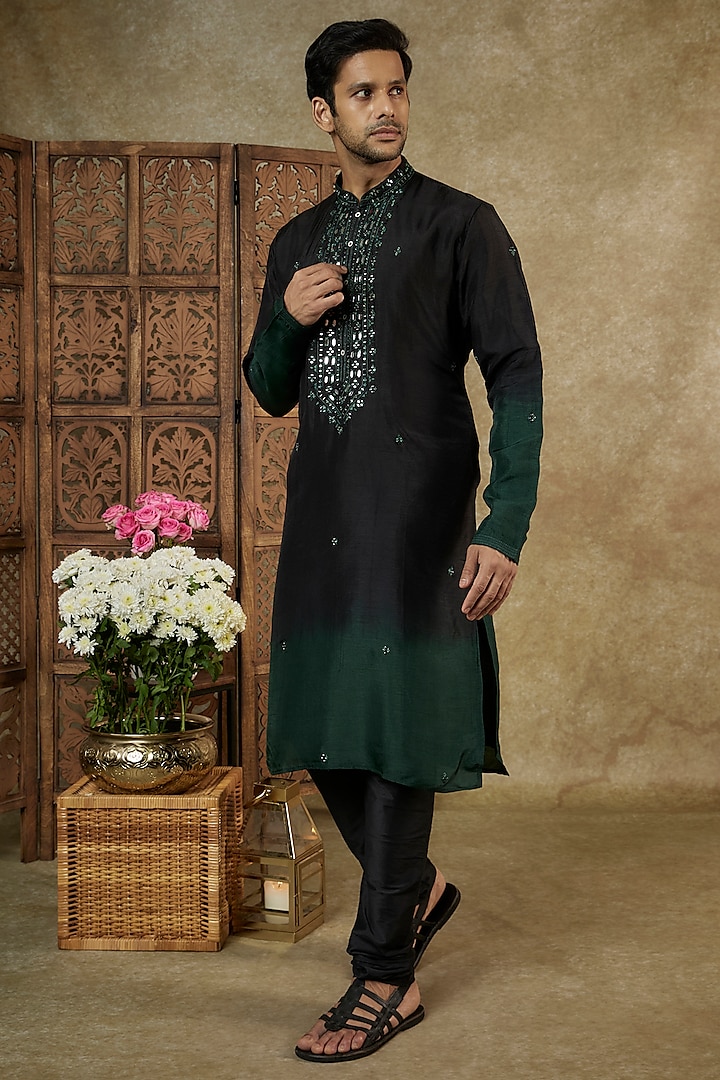 Black & Green Ombre Silk Resham Embroidered Kurta Set by RIYAASAT